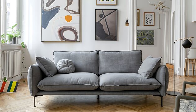 Minimalist gray fabric sofa in a bright, airy living room with wooden floors and modern art on the walls.