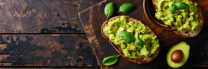 Homemade avocado toasts and smashed fresh ripe avocados in bowl on cutting board on wooden rustic brown background. Avocado smash sandwiches, healthy snack for diet, clean eating. Top view, copy space