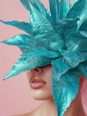 Woman's face close up with agave leaves growing on her head. Skincare, cosmetics conceptual background.