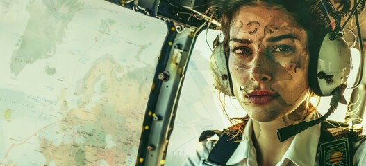 A female pilot looks out of the cockpit window with determination. AIGZ01