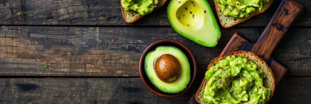 Homemade avocado toasts and smashed fresh ripe avocados in bowl on cutting board on wooden rustic brown background. Avocado smash sandwiches, healthy snack for diet, clean eating. Top view, copy space