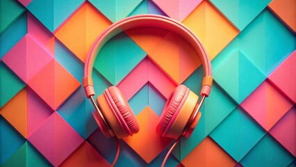 Vibrant coral neon headphones on geometric background radiate trendy summer vibes with bright neon colors in a fashionable pop art flat lay.