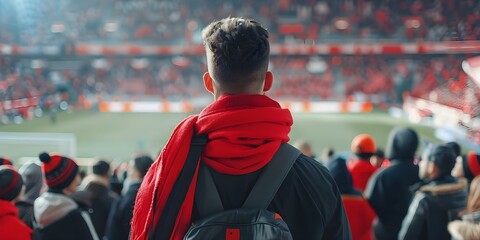 Wall Mural - A man wearing a red scarf standing among fans in a stadium. Concept Sports, Fashion, Crowds, Man, Red Scarf