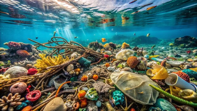 Discarded plastic debris litters the seafloor, entwined with coral and seaweed, polluting the ocean's ecosystem with toxic waste remnants.