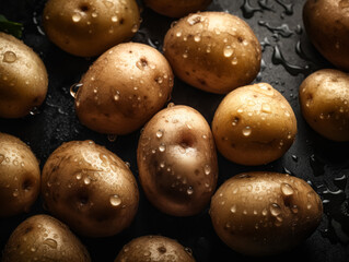 Wall Mural - A bunch of potatoes are sitting on a counter with water droplets on them. Concept of freshness and natural beauty, as the potatoes are still wet from the rain
