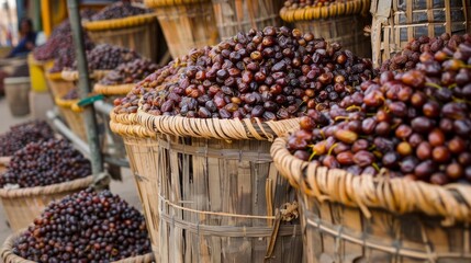 Wall Mural - A basket of grapes is displayed in front of a basket of apples