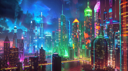 Abstract art illustration of a futuristic city in neon glowing colors