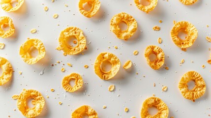 Crunchy corn flakes rings on light background 