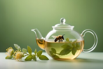 Poster - linden tea in a glass teapot, a bee carries honey