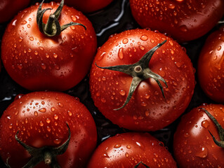 Wall Mural - A close up of several red tomatoes with water droplets on them. Concept of freshness and natural beauty