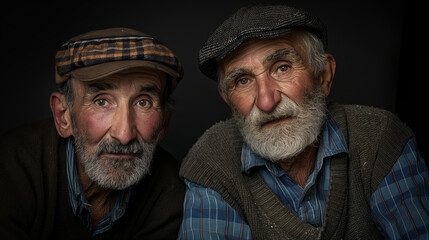 Wall Mural - Two old men with beards and hats are sitting next to each other. Scene is serious and contemplative