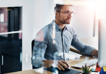 Aufkleber - Business man, working and research on computer for information technology or programming solution. Programmer or online developer with problem solving, reading and planning software update in office