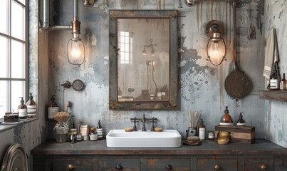 Wall Mural - Industrial bathroom with a blank frame above the vanity