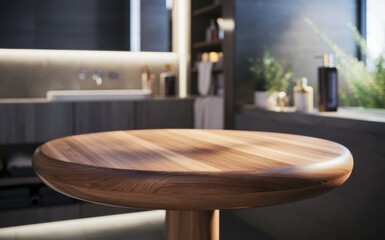 Wooden table with beautiful sunlight in the kitchen. ​​for the background display of kitchen products, kitchen furniture, organic, cooking, food, kitchen spices