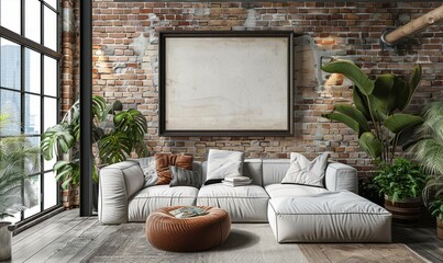 Serene living room with a blank frame on the wall