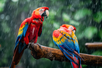 Vibrant scarlet macaws perched on a branch
