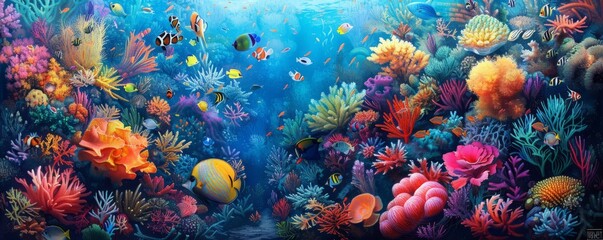 A bustling coral reef teeming with colorful fish and vibrant coral (realistic)