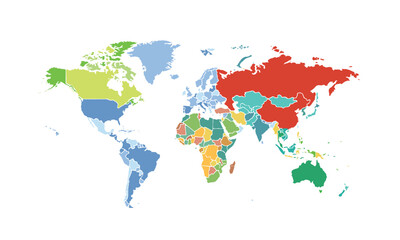  Map of world isolated modern colorful style. for website layouts, background, education, precise, customizable, Travel worldwide, map silhouette backdrop, earth geography, political, reports.
