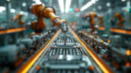 Wall Mural - Blur background of robot machine working together at production line. Factory machine or robotic electronic device connecting with system and designing and making product following program. Spate.