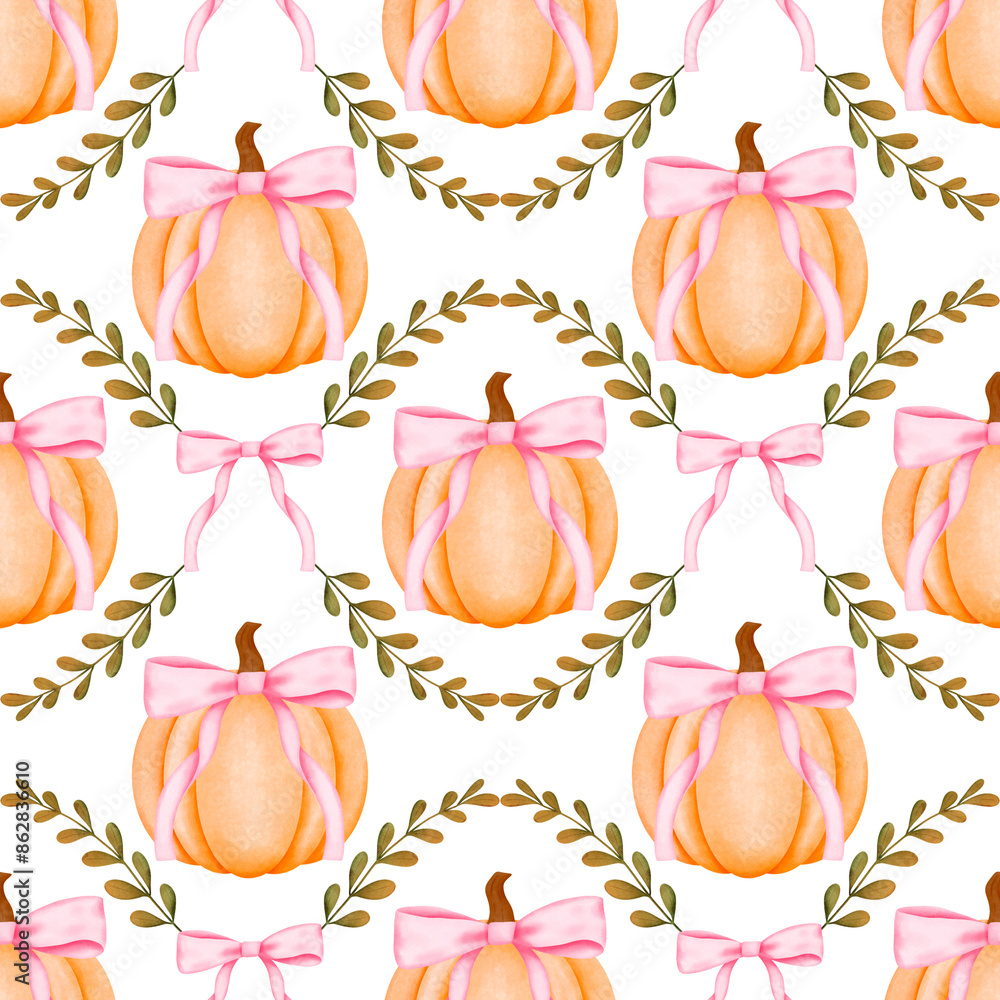Pumpkin and pink coquette bow trellis seamless repeating pattern ...