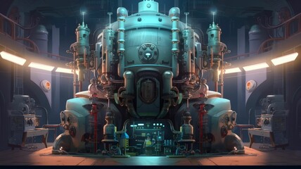 Digital artwork depicting the interior of a futuristic laboratory with advanced reactors and pipes on a dark background. Electric generator. Sci-fi technology and research. Design for game. AIG35.