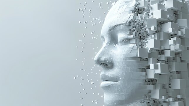 Minimalistic 3D AI head made from white squares on light grey background. Futuristic concept art.