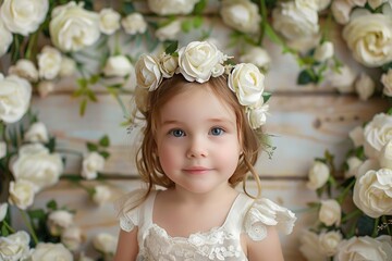 Wall Mural - beautiful, bright photo zone for a photo session of a child. background for postcards. wooden wall, flowers, white roses