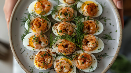 Canvas Print - A plate of shrimp and egg yolks with a sprinkle of parsley. The dish is colorful and appetizing