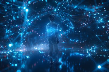Wall Mural - A person stands in a blue room with a lot of lights. The lights are blue and red and they are scattered all over the room. The room is very bright and it looks like a futuristic space