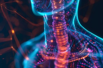 A colorful, glowing human body with a blue head and orange neck. The image is abstract and surreal, with a sense of movement and energy