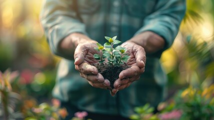 Wall Mural - Person holding young plant in hands, highlighting growth