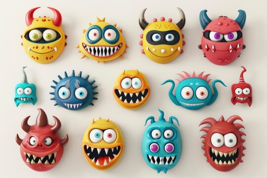 Heads of different Halloween monsters on a plain light background. Postcard, illustration for the autumn holiday Halloween. Scary funny heroes monsters