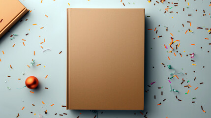 A book is sitting on a table with confetti on top of it. The book is brown and has a plain cover. The confetti is scattered all over the table, with some pieces closer to the book. Copy space place fo