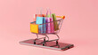 © BetterPhoto - A shopping cart with colorful bags on a smartphone, symbolizing online shopping