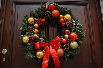 Sticker - Beautiful Christmas wreath hanging on entrance door. Typical Christmas wreath with green fir tree branches, golden and red Christmas decoration balls and red ribbon