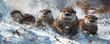 © Станіслав Козаков - A playful group of otters sliding down a snowy hill on their bellies (realistic)