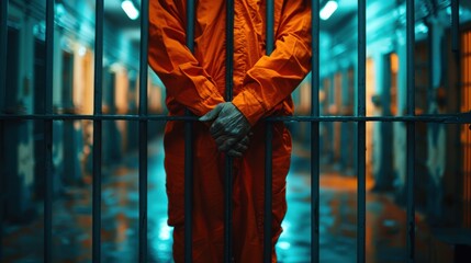 Prison inmate wearing an orange jumpsuit, standing behind bars in a dimly lit cell, highlighting themes of confinement and justice.