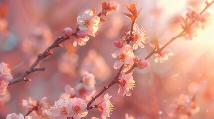 Poster - Beautiful floral spring abstract background of nature. Branches of blossoming apricot macro with soft focus on gentle light pink sky background