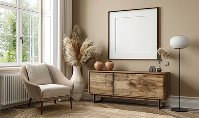 Serene dining room with a blank frame on the sideboard