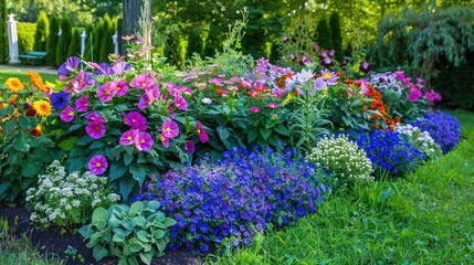 Sticker - Beautiful flower bed in lush of park or garden. Outdoor spring summer gardening