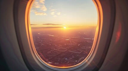 Poster - Beautiful landscape view trough window of airplane, Breathtaking view of town and cloudless sundown sky behind window of aircraft during flight