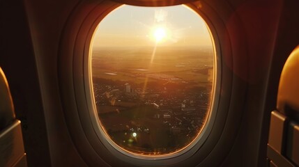 Poster - Beautiful landscape view trough window of airplane, Breathtaking view of town and cloudless sundown sky behind window of aircraft during flight