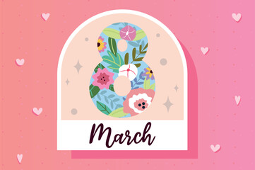 Wall Mural - 8 March sticker concept in flat cartoon design. The number eight decorated with flowers is depicted in this image and symbolizes the spring holiday. Vector illustration.