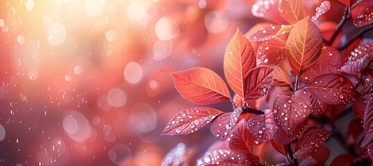 Wall Mural - Closeup of vibrant red autumn leaves against a soft misty background capturing the essence of fall