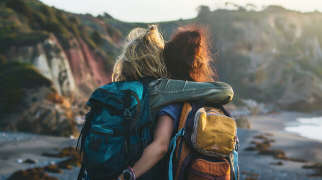 Two female friends embrace each other while hiking on a coastal path