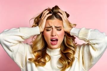 Wall Mural - Woman overwhelmed with stress and concern, confusion and doubt, hands to head, on green background copy space