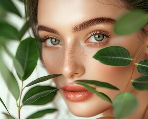 Young beautiful woman with green leaves near face and body. Skin care beauty treatments concept. Closeup girl's face with green leave. White model with clean, healthy skin of face - posing at studio