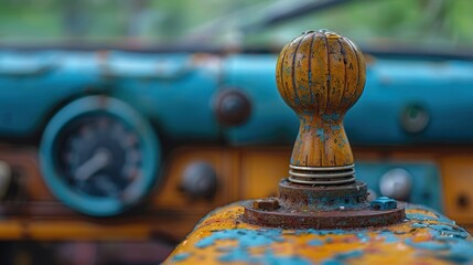 A close-up image of a rustic gear stick in a vintage car, showing vibrant blue and yellow colors with noticeable weathering, representing an old automobile interior.