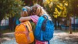 © David Zarzosa - Two girls with backpacks hugging each other for back to school day.