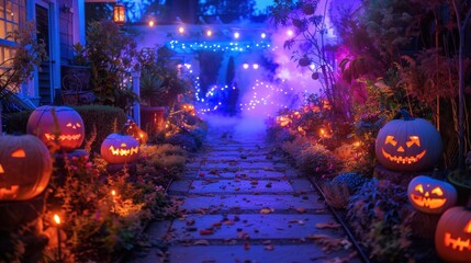 Wall Mural - Festive Halloween scene with carved pumpkins, colorful lights, and spooky decorations, creating a magical and eerie atmosphere.